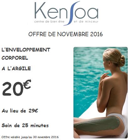 Offre de novembre 2016 à KenSoa Montpellier sur l'enveloppement à l'argile verte